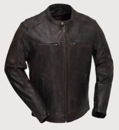 Distressed dark brown scooter style leather jacket with zip front and chest pockets
