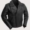 Men's Black Double Rider Leather Jacket with asymmetrical zipper, lapel collar, and vertical zip pockets