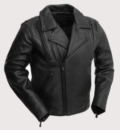 Men's Black Double Rider Leather Jacket with asymmetrical zipper, lapel collar, and vertical zip pockets