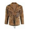 Men’s tan brown suede fringe jacket with beaded shoulders and Western lace-up front