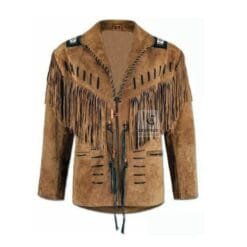 Men’s tan brown suede fringe jacket with beaded shoulders and Western lace-up front
