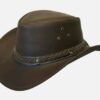 Brown leather cowboy hat with braided band and ventilation eyelets