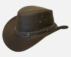 Brown leather cowboy hat with braided band and ventilation eyelets