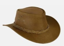 Brown leather cowboy hat with braided band and classic wide brim