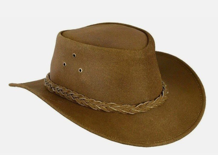 Brown leather cowboy hat with braided band and classic wide brim