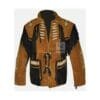 Men's two-tone brown and black cowhide suede fringe jacket with lace-up front and embroidered shoulder accents