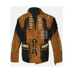 Men's two-tone brown and black cowhide suede fringe jacket with lace-up front and embroidered shoulder accents