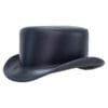 Black leather top hat with clean unbanded design and classic silhouette