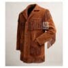 Men’s rust brown suede fringe jacket with lapel collar and Western detailing