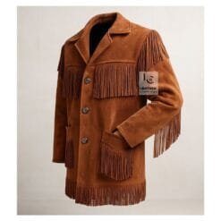 Men’s rust brown suede fringe jacket with lapel collar and Western detailing