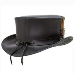 Black leather top hat with feather accent and classic Victorian Western design