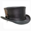 Black leather top hat with feather accent and classic Victorian Western design