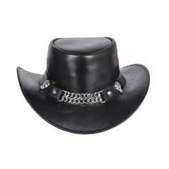Black leather cowboy hat with metal chain band and stud detail