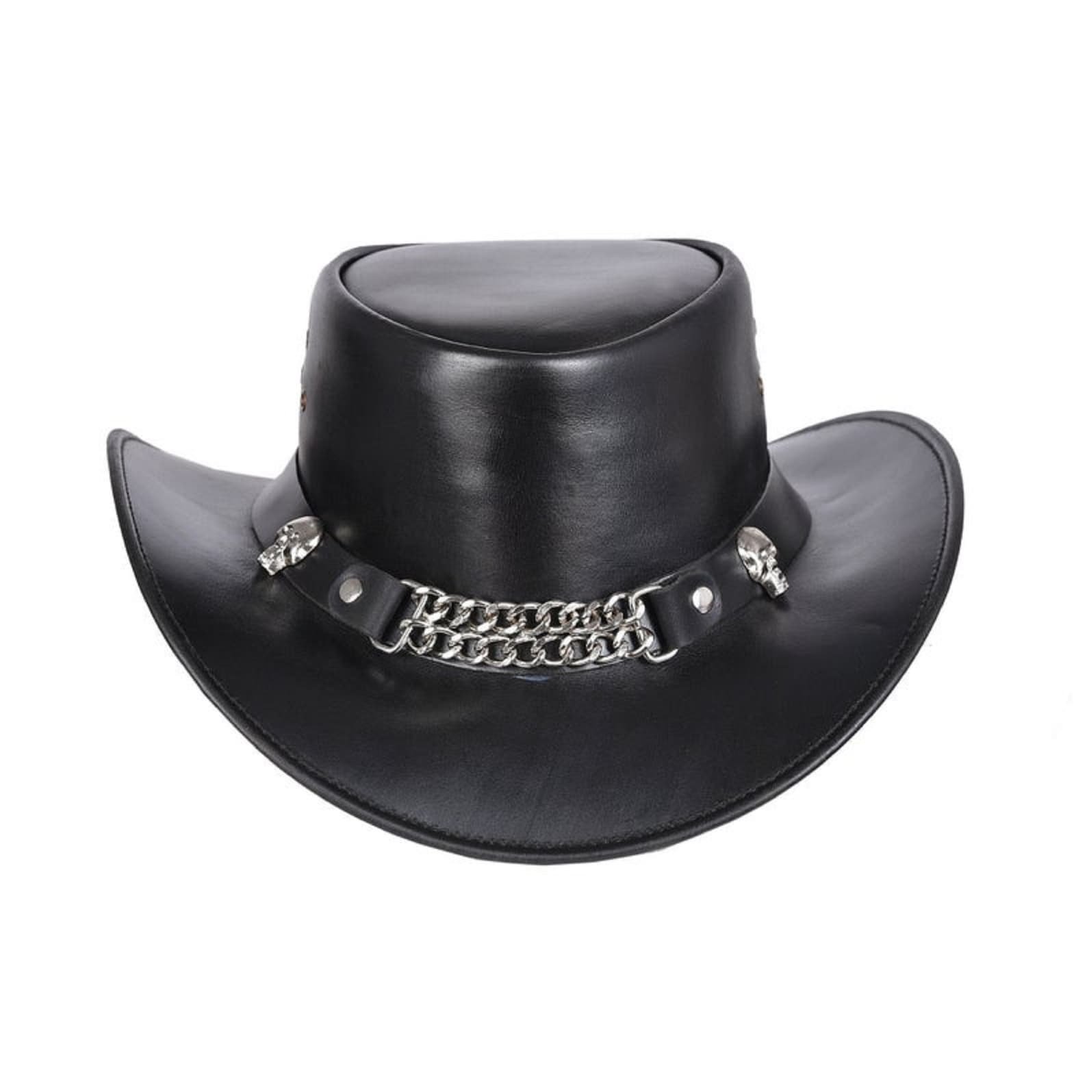 Black leather cowboy hat with metal chain band and stud detail