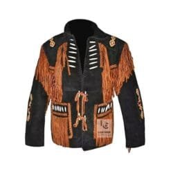 Men's black cowhide suede fringe jacket with cognac fringe, lace front closure, braided trim and decorative bone-style accents