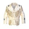 Men’s ivory leather fringe jacket with beaded medallions