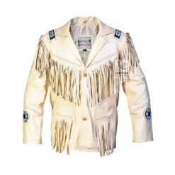 Men’s ivory leather fringe jacket with beaded medallions