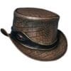Brown leather top hat with reptile scale texture and dragon eye band detail