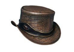 Brown leather top hat with reptile scale texture and dragon eye band detail