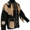 Men's black goat suede fringe jacket with tan fringe, whipstitch trim, and embroidered rosette accents