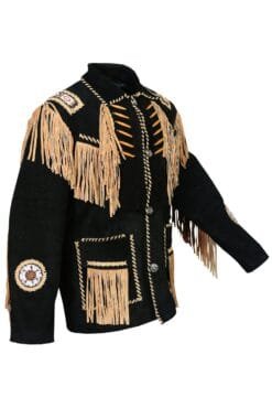 Men's black goat suede fringe jacket with tan fringe, whipstitch trim, and embroidered rosette accents