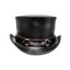 Black leather top hat with harness ring band and frontier steampunk design