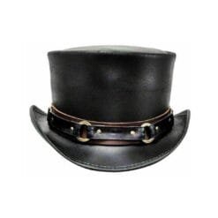 Black leather top hat with harness ring band and frontier steampunk design