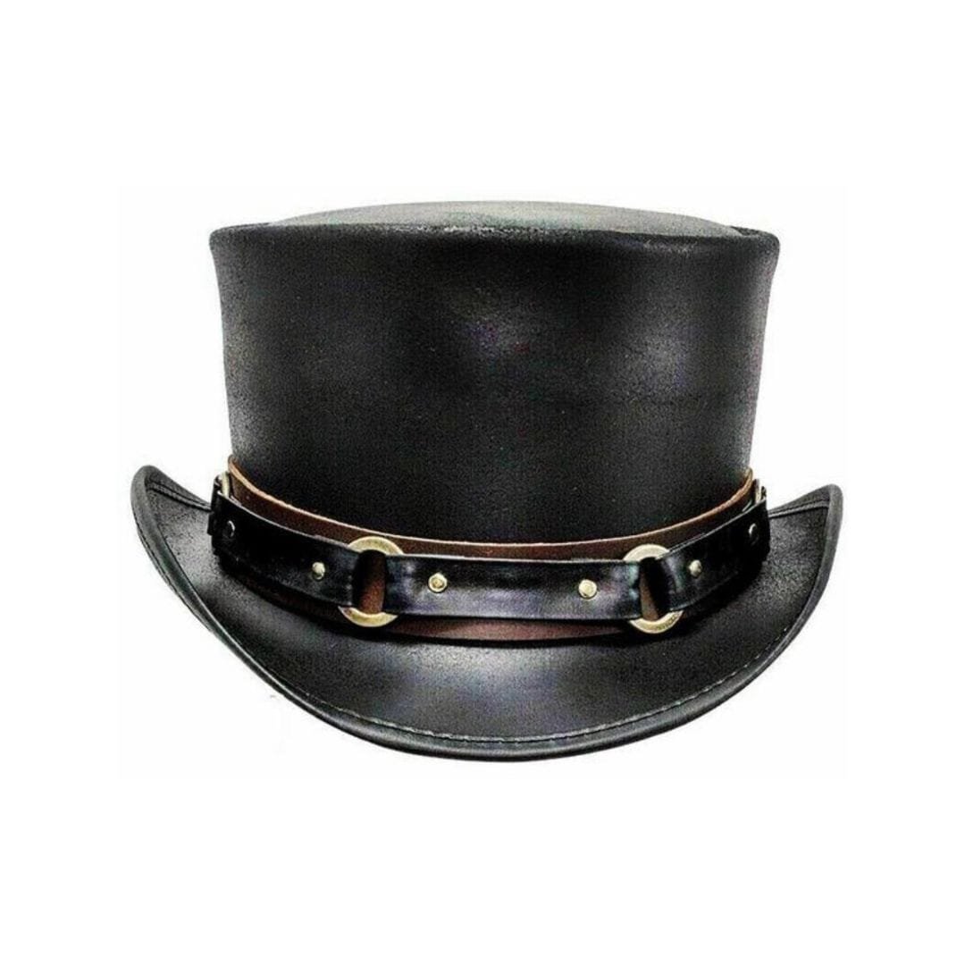 Black leather top hat with harness ring band and frontier steampunk design
