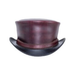 Burgundy Napa Vino leather top hat with simple band and black curved brim