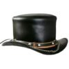 Black leather top hat with SR2 chain band and decorative metal chain detail