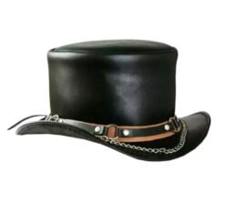 Black leather top hat with SR2 chain band and decorative metal chain detail