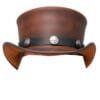 Brown leather top hat with black hatband and Buffalo nickel conchos