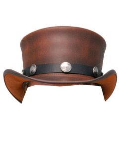 Brown leather top hat with black hatband and Buffalo nickel conchos