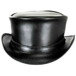 Classic black leather top hat with simple band and traditional tall crown design