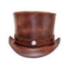 Brown leather top hat with diamond inlay hatband and decorative concho accent