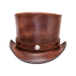 Brown leather top hat with diamond inlay hatband and decorative concho accent