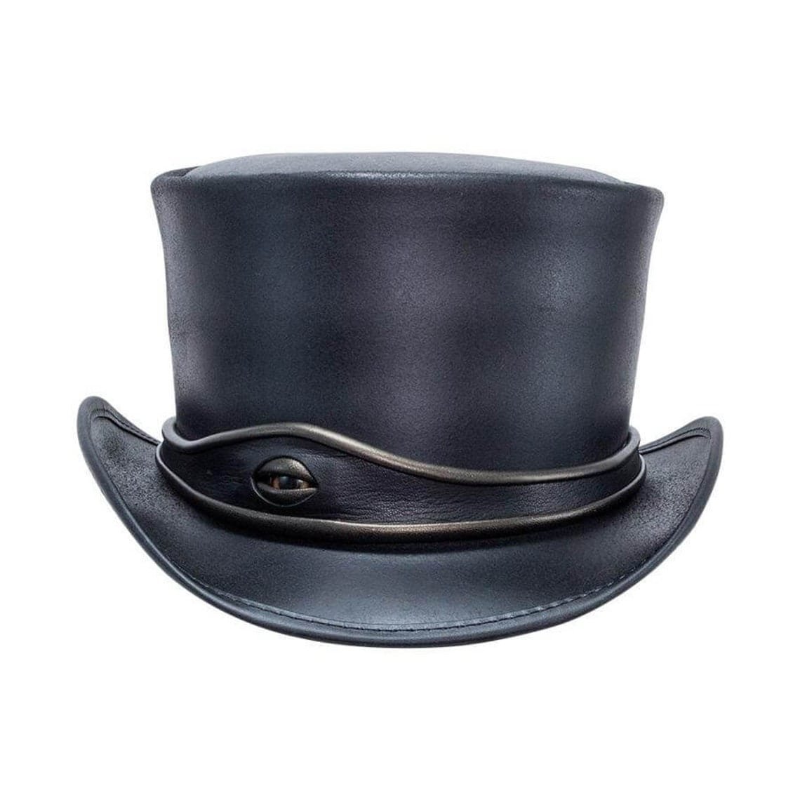 Black leather top hat with eye band detail and Victorian steampunk design
