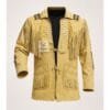 Men's Prairie Spirit leather fringe jacket in sand beige genuine leather with lace front closure and decorative chest accents