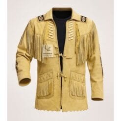 Men's Prairie Spirit leather fringe jacket in sand beige genuine leather with lace front closure and decorative chest accents