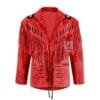 Men's hunter style red suede beaded fringe jacket with lace-front closure and long fringe