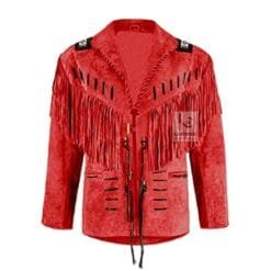 Men's hunter style red suede beaded fringe jacket with lace-front closure and long fringe