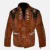 Men's two-tone brown and black goat suede fringe jacket with lace-up chest panels and embroidered shoulder accents