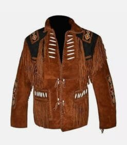 Men's two-tone brown and black goat suede fringe jacket with lace-up chest panels and embroidered shoulder accents