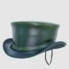Forest green leather top hat with classic leather band and curved brim
