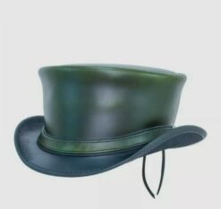 Forest green leather top hat with classic leather band and curved brim