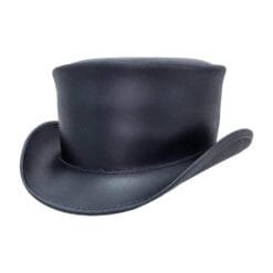 Black leather top hat with classic unbanded design and curved brim