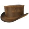 Burnt honey leather top hat with vintage distressed finish and classic unbanded design