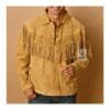 Men's golden buckskin fringe shirt in genuine suede leather with lace-up front