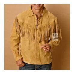 Men's golden buckskin fringe shirt in genuine suede leather with lace-up front