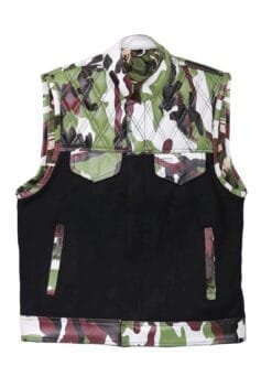 Men's Woodland Camo Diamond Quilted Leather Motorcycle Vest front, interior and back views